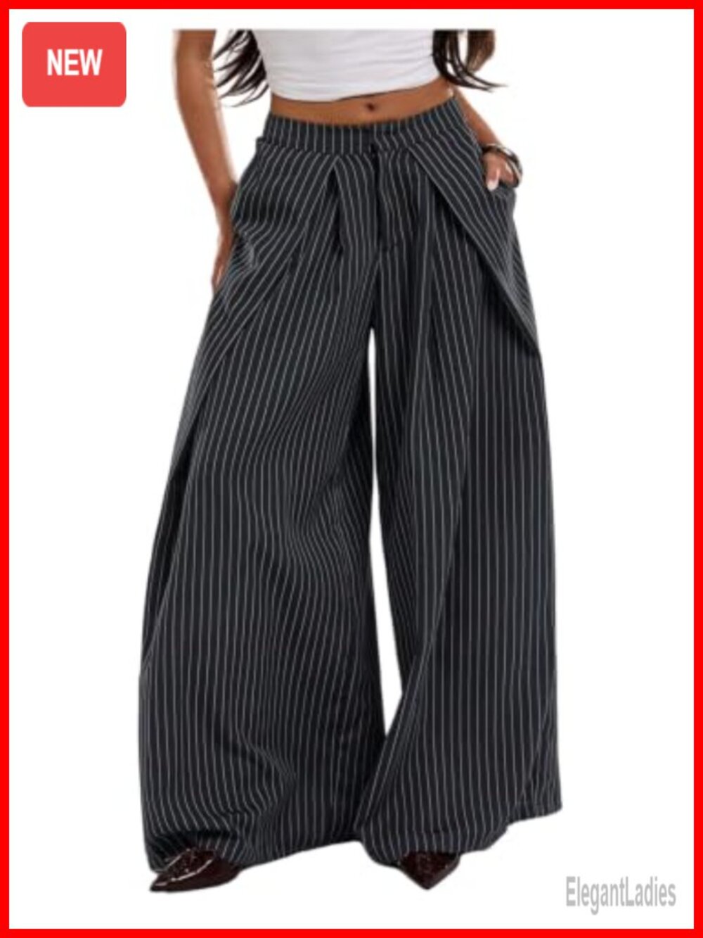 Women's Striped Wide Leg Low Rise Pleated Dress Pants Loose Fit Office